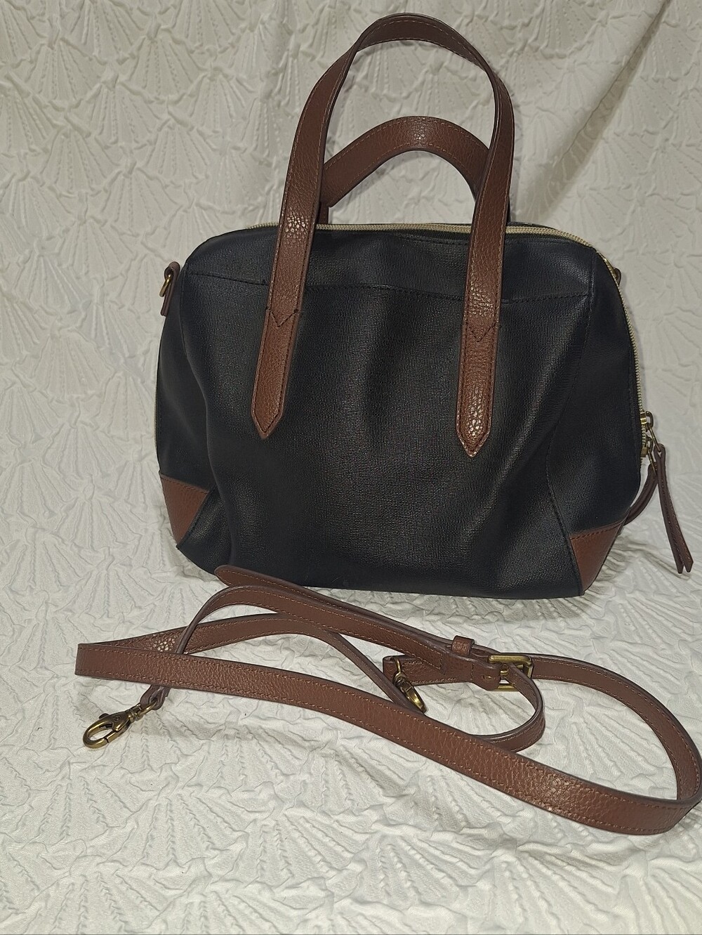 Fossil Sydney Satchel Shoulder Bag Black Brown Leather  Double Handles